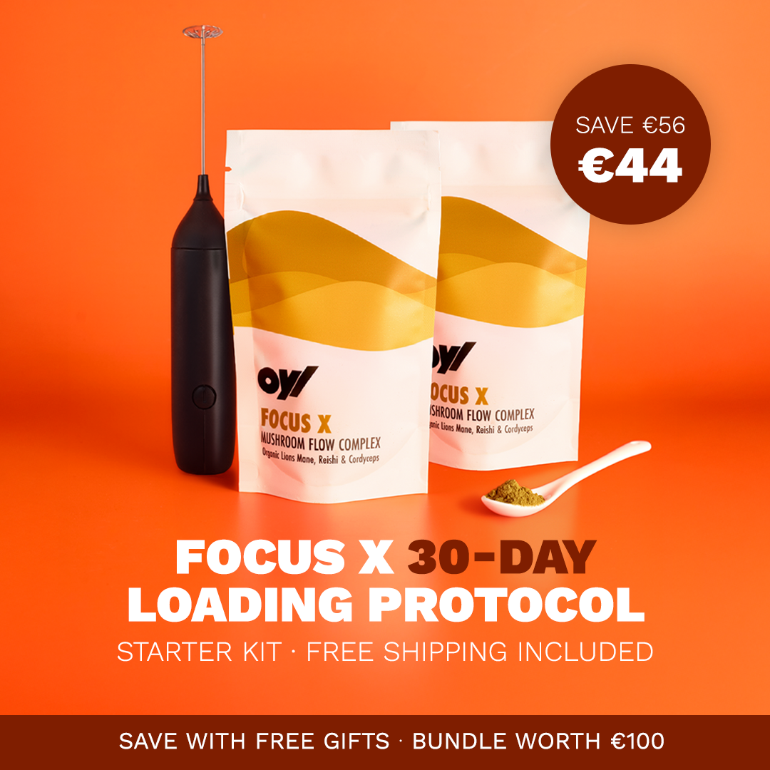 OYL Focus X 30-Day Loading Protocol starter kit — two bags of mushroom flow complex, hand blender and half-teaspoon serving spoon on an orange background. Save €56, €44 bundle offer.