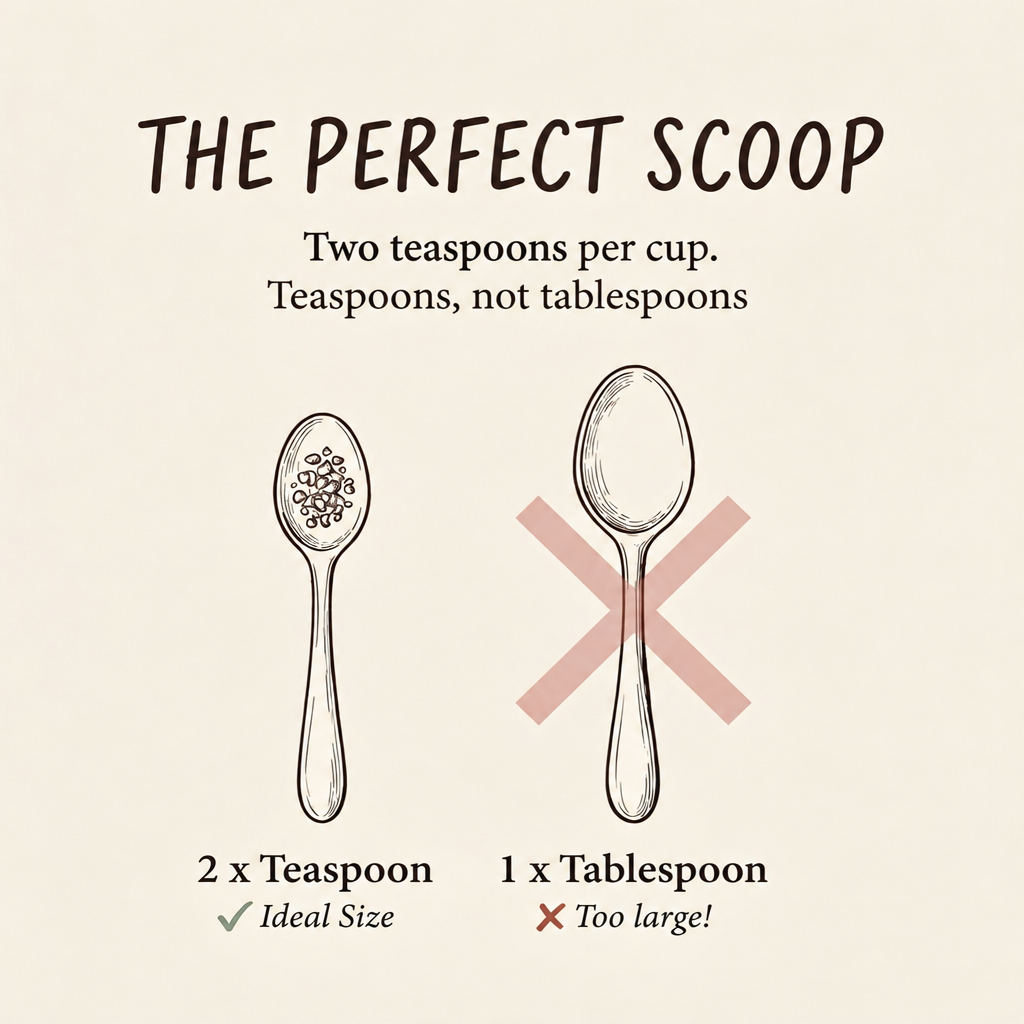 The perfect scoop: two teaspoons per cup. A teaspoon is the ideal size, a tablespoon is too large.