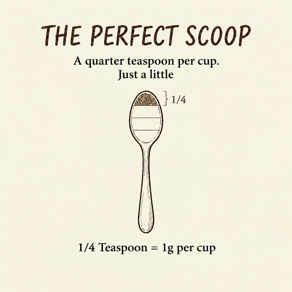 A quarter teaspoon is 1g per cup. Fill the first quarter of the spoon, from the tip.